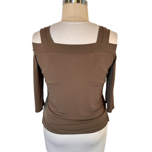 Chico's - Women's M Blouse Taupe Brown 3/4 Sleeve Cold Shoulder Stretch - Picture 4 of 11